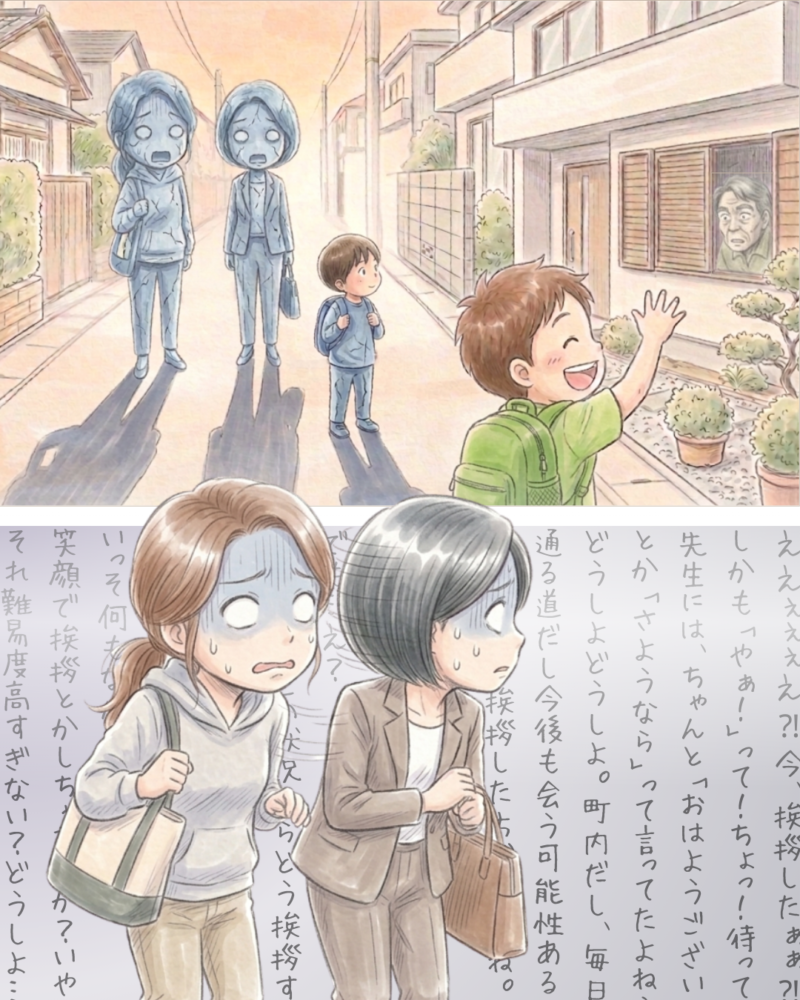 突然の出来事に石化する私たち。
（あれ？心なしか、さっきまで険しい顔をしていたおじさんも驚いてる？）

そんな様子に気付かず、頭のなかは「怖いおじさん」へのこれからの行動について大渋滞。
そ～っとおじさんの方を振り向くと…？